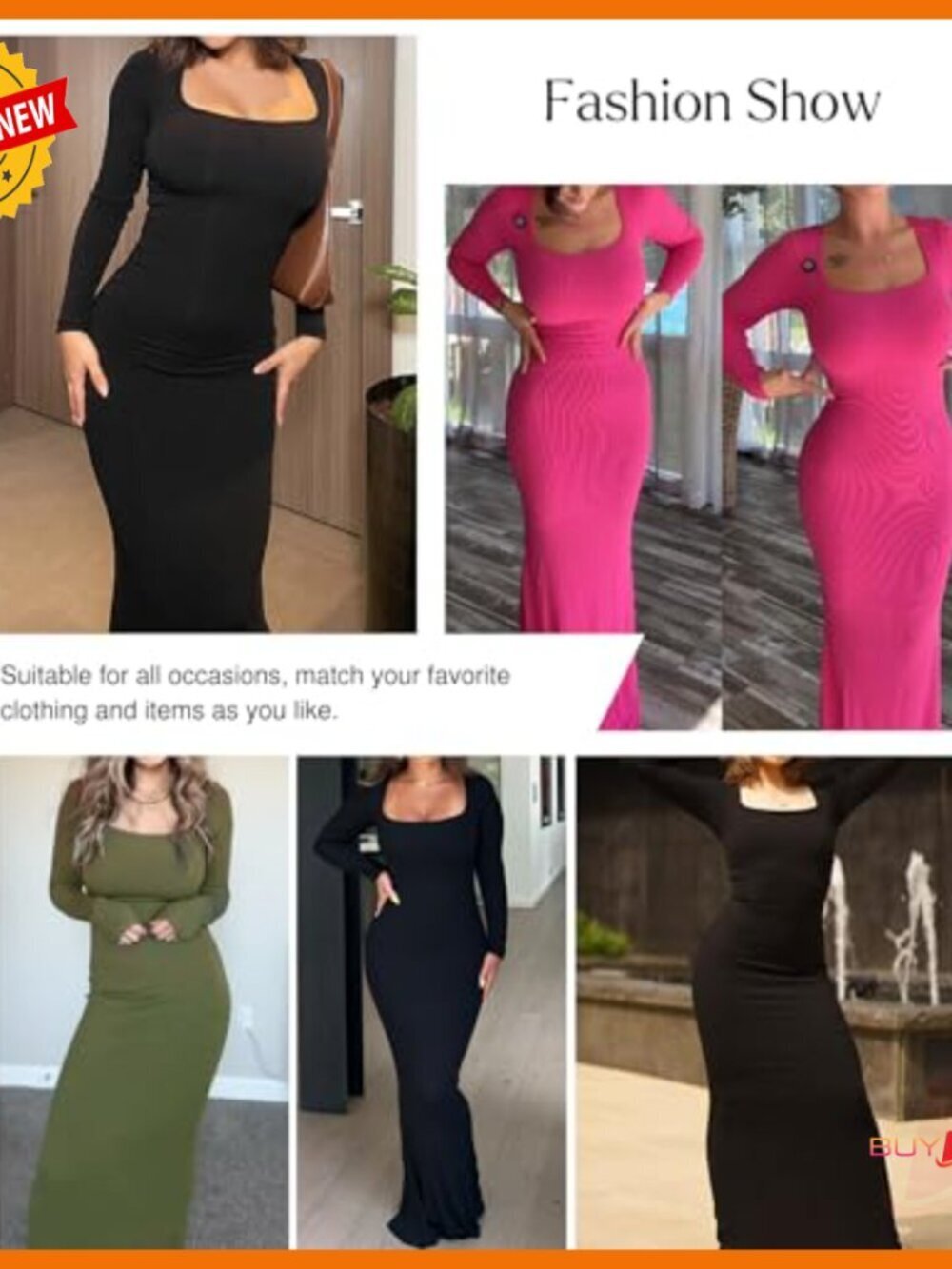 Long Sleeve Maxi Dress with Built-in Shapewear Bra, Square Neck Bodycon - Picture 2 of 7